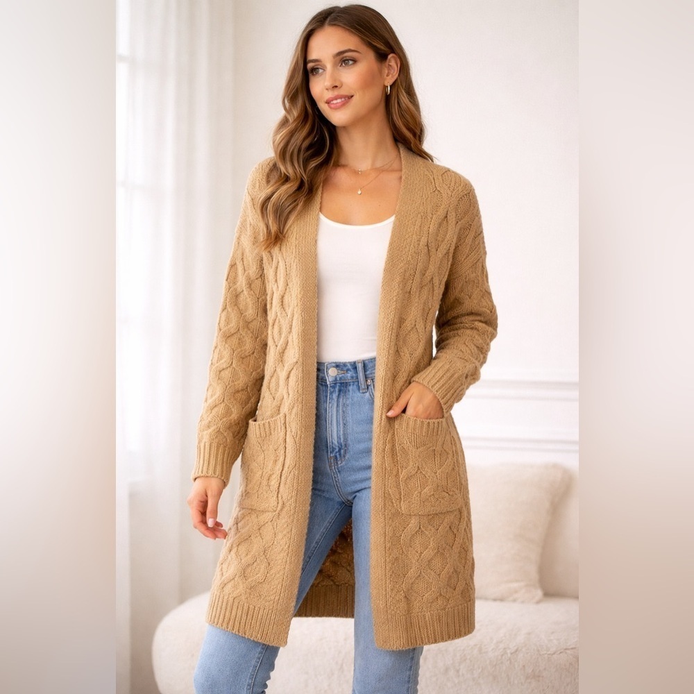 Love Tree Warm Tan Camel Cable Knit Cardigan Long Duster Size M Chunky Cozy